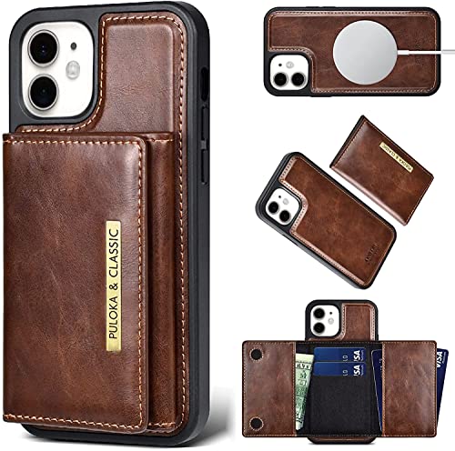 Image of PULOKA Compatible for iPhone 11 Pu Leather Wallet Case Cover with 5 Card or Cash Slot Magnetic Detachable 2 in 1 Removable Smart Case - Brown