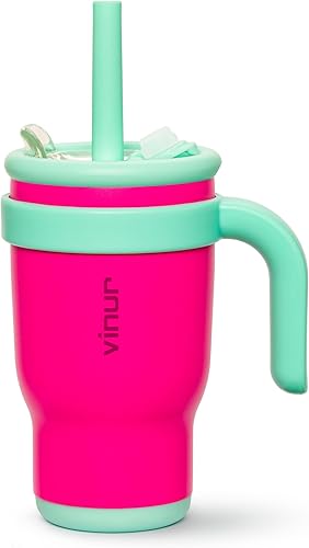 VINUR Vaso para niños con asa, vaso de acero inoxidable de doble pared de 14 onzas con popote, vaso de agua a prueba de fugas con tapa para viaje