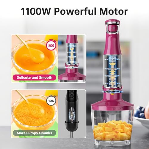 Image of Turelar Immersion Blender Handheld Corded Hand Blenders Set 1100W, Trigger Variable Speed 5 in 1 Stick Emulsifier with Chopper, Whisk and Frother for Soup, Baby Food and Smoothies, Rose Red