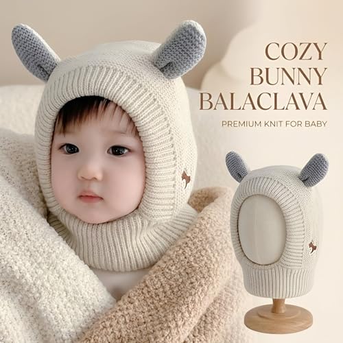 Image of Kraptick Winter Warm Ear Protection Knitted Woolen Unisex Baby Cap with Cute Animal Ears, Soft Fleece Lined Knit Hat with Ear Flaps, Stretchable Monkey Cap for Cold Weather -1