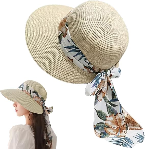 vedicbloom Straw Hat for Womens, Beach Hat with Sun Protection, Summer Caps for Women Stylish, Round Cap with Blue Ribbon in Cream White Color-picture-46