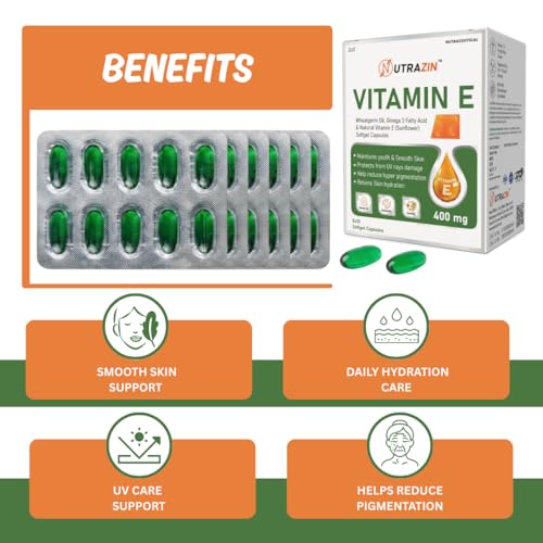 Image of Vitamin E 400 mg Capsules with Wheatgerm Oil & Omega 3 | Vitamin E Capsules for Face and Hair | Antioxidant Support | 50 Softgels