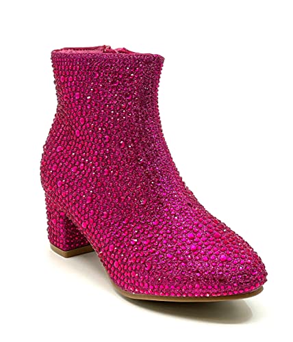 Forever Girls Rhinestone Boots Kids Low Heel Dress Booties Iceberg-12K Shoes Fuchsia Rhinestone 1