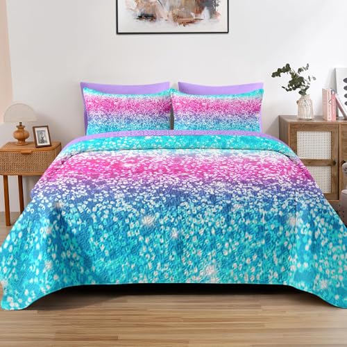 Pamnest Quilt Set Full/Queen Size, Pink Shining Rainbow 3 Pcs