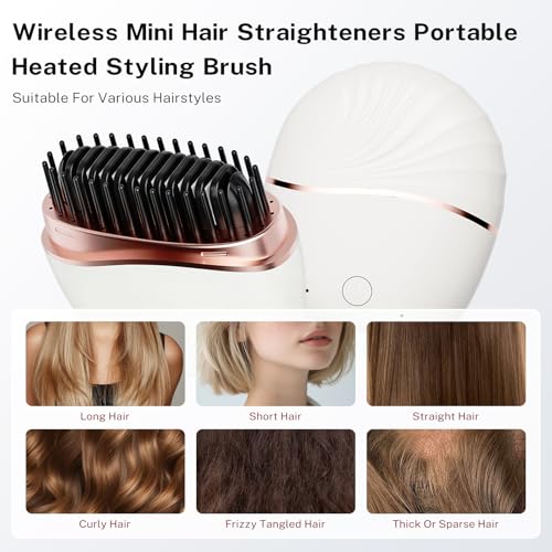 Image of Mini Hair Straightener Rechargeable Mini Cordless Hair Straightener Portable Hair Straighteners Hot Comb USB Rechargeable Heated Styling Brush 2 Heat Settings Travel Hair Straighteners- White