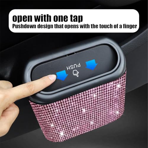 Image of AICEL Bling Car Trash Can with Lid, Crystal Rhinestones Leakproof Auto Garbage Hanging Container Bin, Multipurpose Diamond Dustbin Storage Organizer, Universal Vehicle Accessories (Pink)