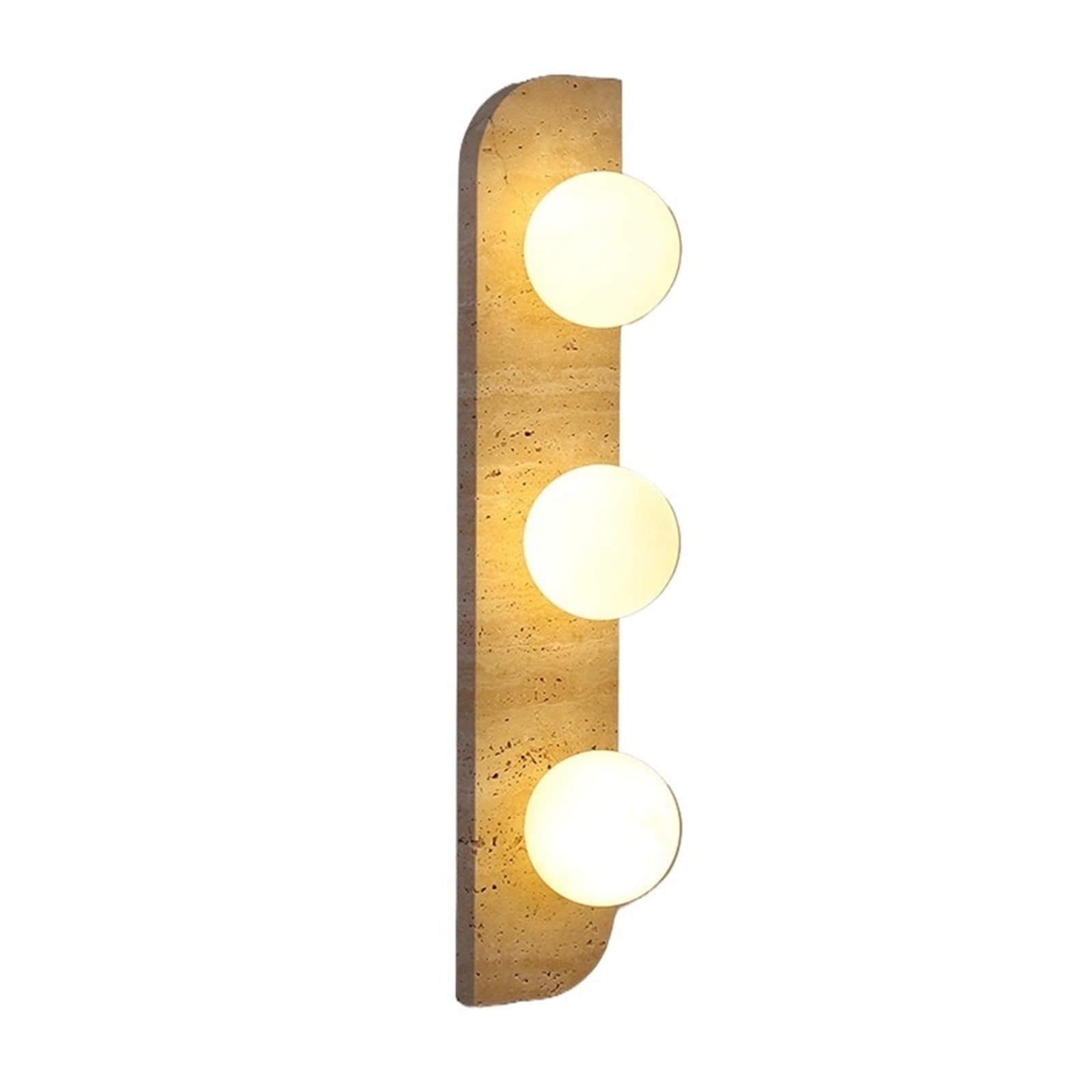 Retro kinkiet z kamienia naturalnego, żółty trawertyn LED, biały szklany klosz, nastrojowe oświetlenie korytarza (ciepła biel (2700-3500 K), dwie głowice)