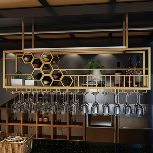Support de verre à vin suspendu réglable et grand casier de plafond en bois rustique