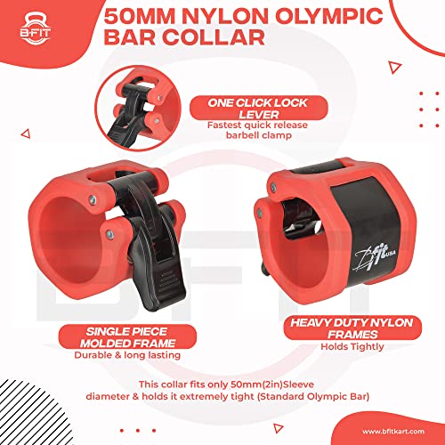 Image of B Fit Olympic /Regular Barbell Collars (Pair)- Solid Nylon /ABS /Aluminium Locking Clamps Size 25 /28 /50 MM Optional (50 MM Pro Style Red)