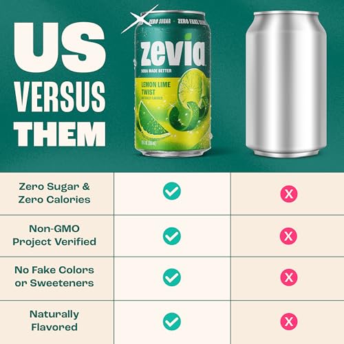 Image of Zevia Zero Sugar Soda, Lemon Lime Twist, 12 oz Cans (24-Pack) - Naturally Sweetened, Non-GMO Project Verified, Gluten-Free, Vegan