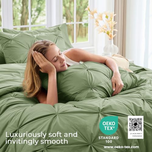 Image of Sasttie Queen Comforter Set, 7-Piece Bed in a Bag, Pintuck Bedding Sets for All Season, Includes Comforter, Flat Sheet, Fitted Sheet, Pillowcases and Pillowshams, Pale Green