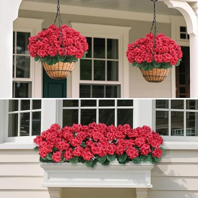 8 Bundles18 Artificial Geranium Flowers for Outdoor Spring Summer Decoration,Fake Silk Geranium Faux Plants UV Resistant for Front Door Planter Outside Home Garden Balcony Yard Porch Decor (Red)