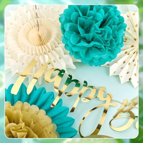 Image of SUNBEAUTY Teal and Gold Party Decorations Teal Birthday Decorations for Women Teal Blue Hanging Paper Fans Tissue Pom Poms Happy Birthday Banner for Baby Showers Wedding Engagement Party