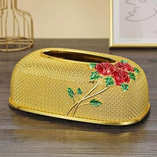 Image of Luxury Golden Tissue Box Cover with Red Rose Design Decorative Rhinestone Napkin Holder for Home Office Bathroom Car Elegant Gifting Idea for Weddings, Housewarmings (Gold)