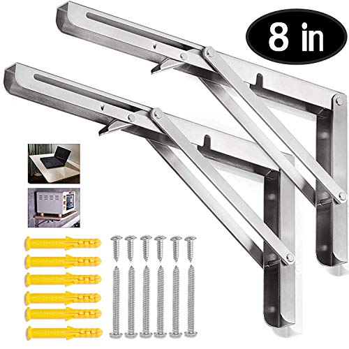 ZOMCHAIN Folding Shelf Brackets 8 inch, Heavy Duty Stainless Steel Collapsible Bracket,Hinge Wall