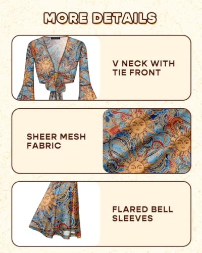 Image of Women Tie Front Bell Sleeve Rave Crop Tops Floral Print Hippie Mesh Sheer Shirt