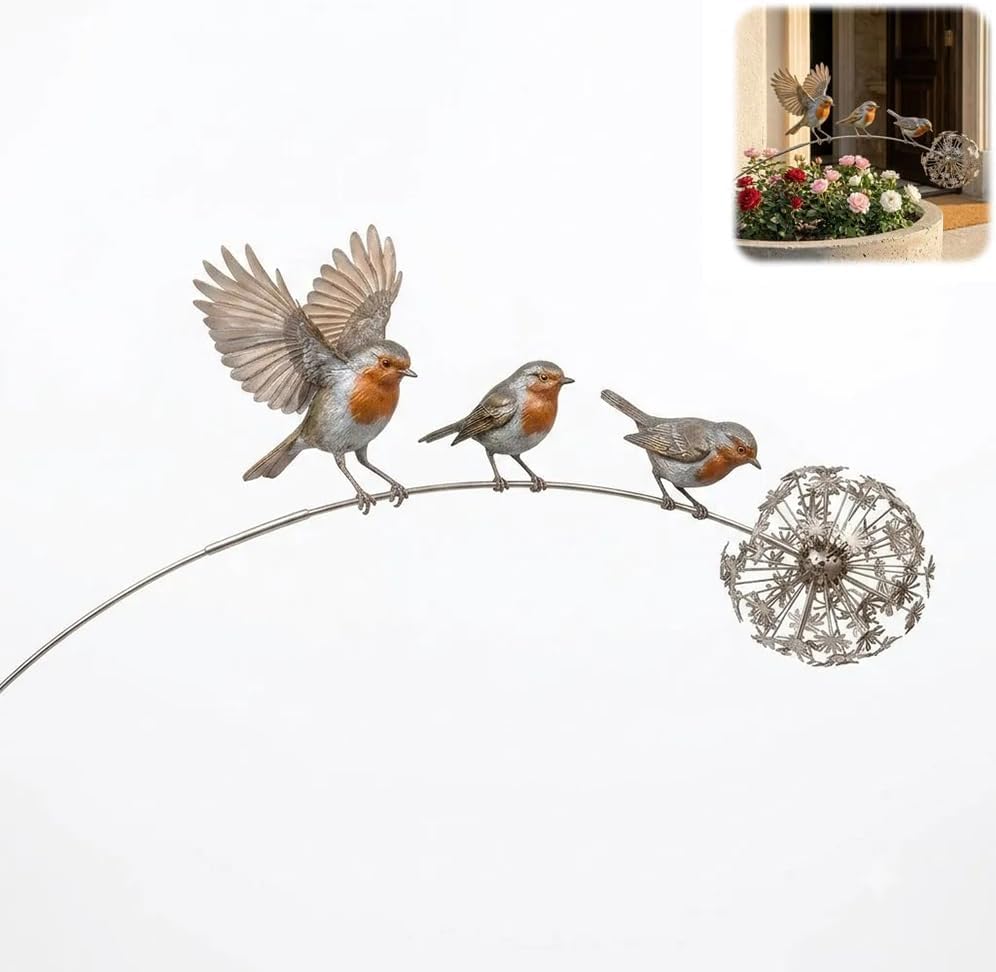 Robin Garden Stake, 3 Robin Birds and Dandelion Design, Outdoor Yard Art Stake for Lawn Patio Flower Bed Walkway (Silver_B)