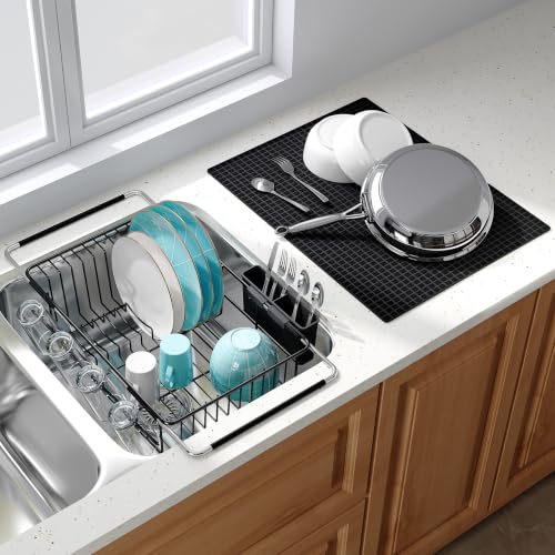 Image of JASIWAY Black Dish Drying Rack in Sink with Mat, Cups and Utensil Holder