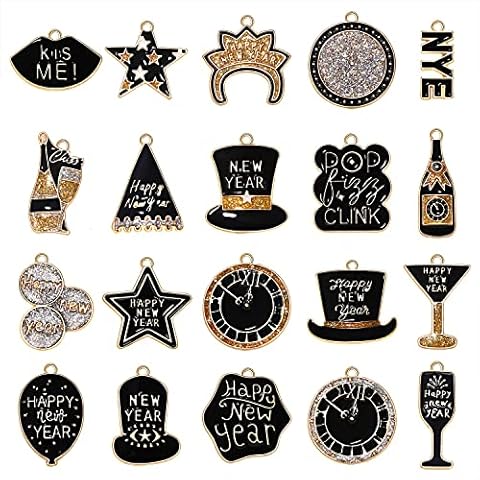 CEALXHENY 20PCS New Year Charms for Jewelry Making, New Year’s Eve Bracelet Making Charms Bulk, Metal Enamel, Rhinestone Cover
