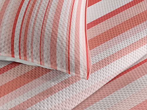 Ambesonne Coral Coverlet, Vertically Striped Retro Pattern In Soft Colors Pinkish Old Fashioned, 3 Piece Decorative Quilted Bedspread Set With 2 Pillow Shams, Queen Size, Pink White #TOP2