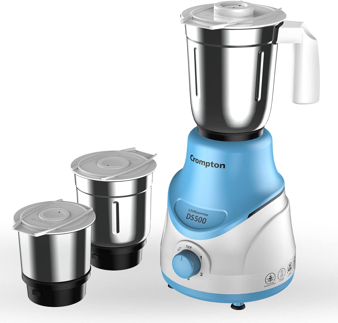 Crompton DS 500W Mixer Grinder with Powertron Motor & Motor Vent-X Technology (3 Stainless Steel Jars, Sky Blue)