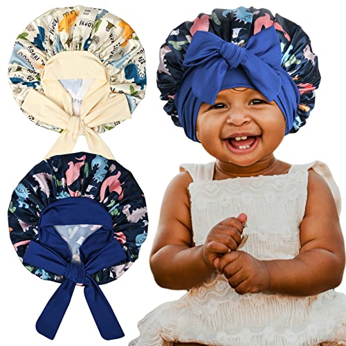 Image of 2 Pieces Kids Satin Bonnets Dinosaur Baby Bonnet Silk Hair Bonnet for Sleeping Cap Wide Elastic Band Bonnet with Head wrap for Teens Toddler Child