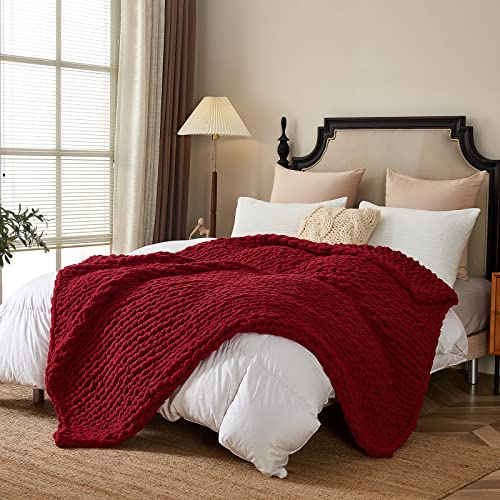 Longhui Bedding Red Handmade Chunky Knit Blankets, Luxurious Chenille Cable Knit Throw Blanket Yarn For Couch Sofa And Bed, Ultra Soft Decorative Burgundy Christmas Blanket, Machine Washable 51 X 63 #TOP4