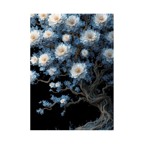 Cuadro decorativo floral para salón o dormitorio TERUEA, lienzo azul de 40x60cm sin marco