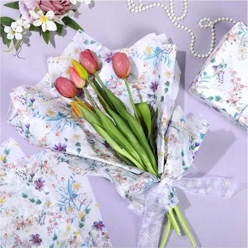 Pineraap 24 folhas de papel de seda floral com adesivos, papel de embrulho de flores silvestres de 4