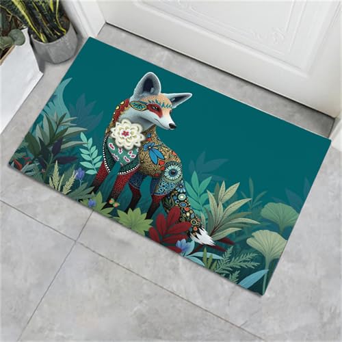 Tapis Entree Interieur Paillasson 45X75Cm Renard À Fleurs Ethniques, Tapis Cuisine Devant Evier Antidérapant Lavable Paillasson Animaux De La Forêt Rétro...