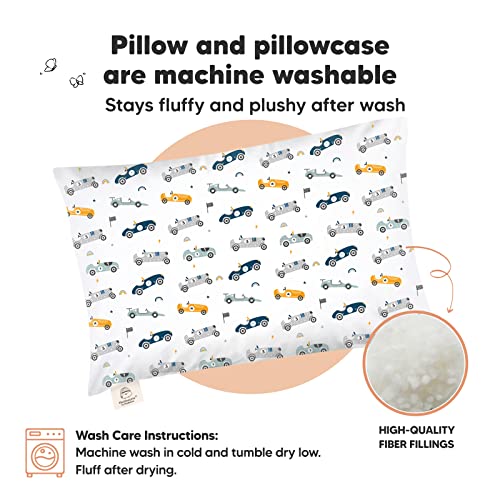 Image of KeaBabies Organic Toddler Pillow with Pillowcase, Jumbo 14X20 (Racecars) | Soft Cotton Toddler Pillows for Sleeping, Machine Washable, Perfect for Travel, School, Daycare, Nap, Kids Toddler Bed Set