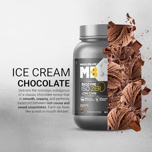 Image of MuscleBlaze Biozyme Iso-Zero Whey Protein Isolate Powder, 500g (1.1lbs) | Ice Cream Chocolate | 27g Whey Protein Per Scoop | USA Patent-Published Enhanced Absorption Formula (EAF)