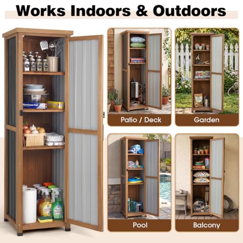 Image of PetsCosset 62 inch H Outdoor Corner Storage Cabinet with Lockable Doors, Outdoor Indoor Small Storage Cabinet with Metal Top, 3 Adjustable Shelves for Patio, Porch, Entryway or Small Spaces
