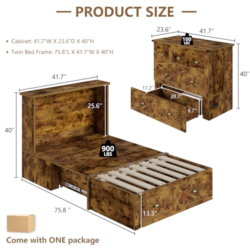 Image of AMERLIFE Twin Size Murphy Bed, Farmhouse Wooden Cabinet with Charging Station and Storage Drawer for Bedroom /Office /Guest Room, Rustic Brown