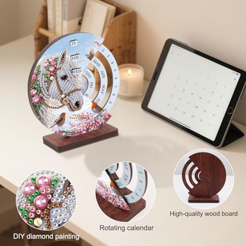 Image of AiYuanzsh Diamond Painting Tabletop Perpetual Calendar, 3D DIY Wooden Desk Ornament with White Horse Design, Sparkling Diamond Art Kit for Desktop Decoration