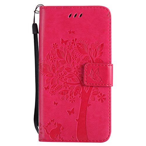 Coque Galaxy J3 2017/J330 [Avec Protecteur d'écran en Verre Trempé],Fatcatparadise(Série de chat et d'arbre) Rétro emboss Premium Flip Housse Coque Etui PU Cuir pour Samsung Galaxy J3 2017/J330(Rose) Cover