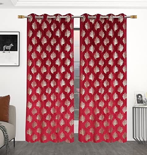 Image of Velvet Floral Printed Designer Curtains for Window, Long Door, Living Room, Bedroom, Drawing Room Curtain Set of 2 Pcs, 4x5 feet Long, Maroon