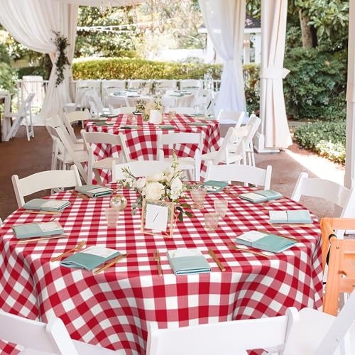 Image of Mulbozy 12 Pack Red Checkered Tablecloth 84 Inches Round Red Gingham Tablecloth, Premium Disposable Plastic Waterproof Table Cover for Outdoor Picnic, Kitchen, Holiday Birthday Party
