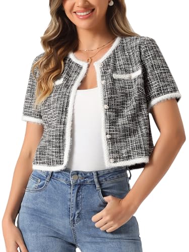 Image of Allegra K Short Sleeve Tweed Jacket for Women Summer Crew Neck Button Front Cropped Cardigan