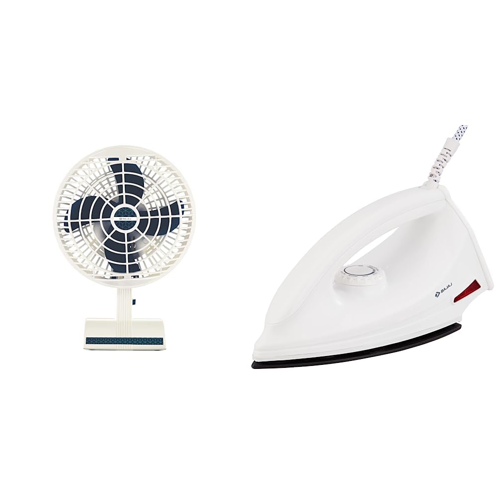 Bajaj Ultima Neo PT-01 200 mm Table Fan - Blue & Bajaj DX-6 1000W Dry Iron with Advance Soleplate and Anti-bacterial German Coating Technology, White
