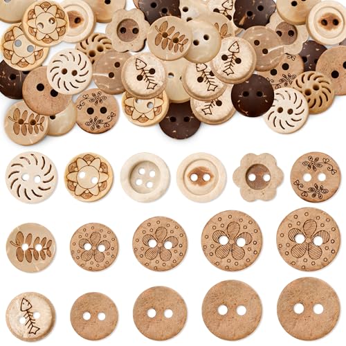 YiiHHooN 160 Boutons en Noix de Coco, 5 Tailles Boutons en Bois Vintage pour Loisirs Créatifs, Bouton à Coudre en Coque de Coco Bouton Décoratifs pour...