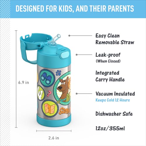 Image of THERMOS FUNTAINER Water Bottle with Straw - 12 Ounce - Kids Stainless Steel Vacuum Insulated Water Bottle with Lid, Scooby-Doo