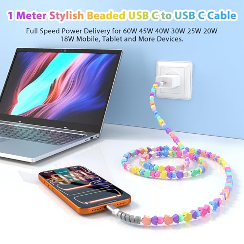 2 Pack USB C Cable Beaded Fast Charging 3.3FT,Beads Charger Cable for Girl Women Student School Kid,60W 45W 40W 30W 27W 25W USB-C to Type C PD Charge Cord for iPhone 17 16 15 for iPad A16 for Samsung image 5