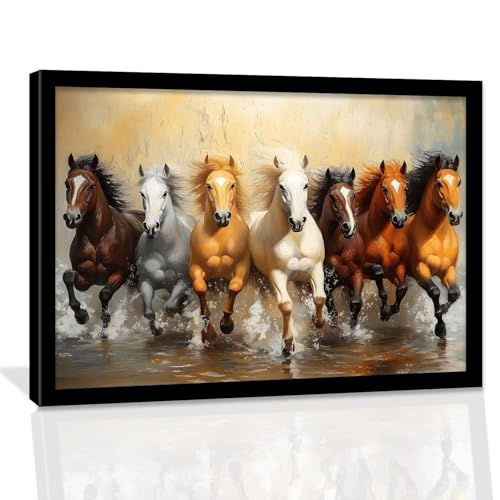 Image of HOTHOUSE Seven Running Vastu Lucky Horse Painting | 7 Horses Vastu Frame Wall Art Painting for Living Room Bedroom Office Home Decor Wall Decor Size (10X13 inch)