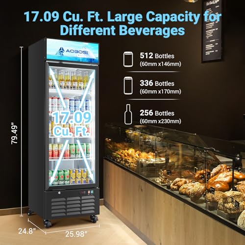 Image of AAOBOSI Commercial Merchandiser Refrigerator,17.1 Cu.Ft Glass Door Display Refrigerator,Upright Beverage Cooler Fridge with Soft LED Light, Customizable Lightbox,Universal Casters,Adjustable Shelves