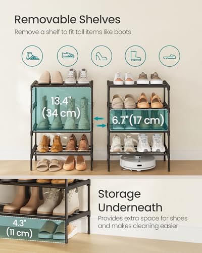 Image of SONGMICS 4-Tier Shoe Rack for Closet, Compact Metal Shoe Organizer Shelf for Entryway, Bedroom, Small Spaces, Stackable, 11.8 x 17.7 x 26 Inches, Black ULSA114BH01