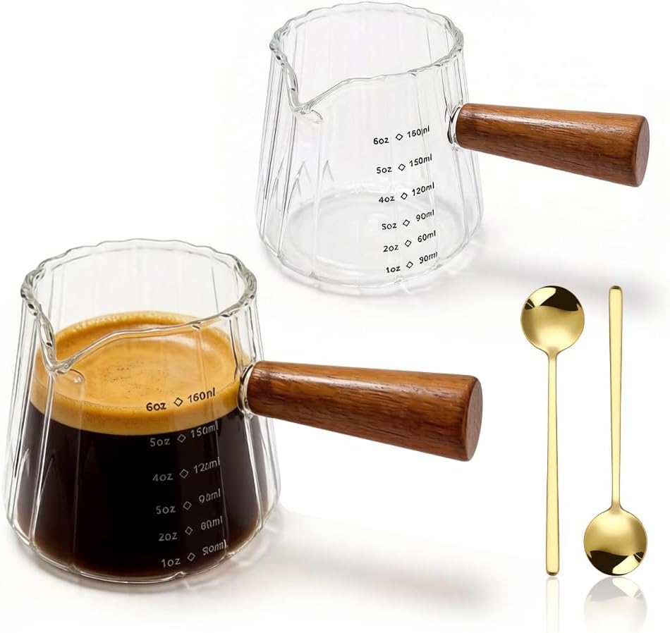 Set Of 2 Espresso Cups 6-Ounce Espresso Glass With Wooden Handle, Includes 2 Elegant Coffee Spoons. Perfect For Espresso, Milk, Tea, Or Maple Syrup.