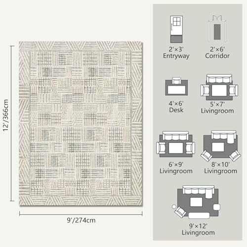Image of Area Rug 9x12 Abstract Geometric Textured Brushstroke - Neutral Gray & Light Blue Modern Minimalist Area Rug, Decorative Carpet for Living Room Bedroom Home Decor
