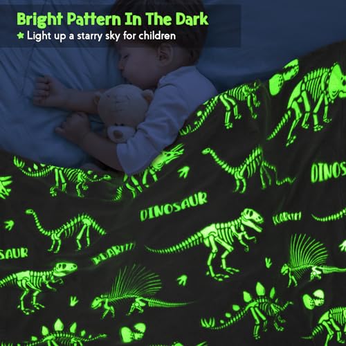 Image of Dinosaur Gifts Toys for Kids Boys - Dino Glow in The Dark Blanket Christmas Birthday Valentines Easter Presents for Age 2 3 4 5 6 7 8 9 10 11 Years Old Teen Girls Toddler Children Throw Gray 50 inchx60 inch