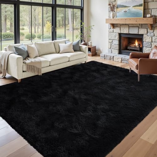 8x10 ft Black Fuzzy Rug for Living Room Soft Fluffy Bedroom Area Rugs Non-Slip Shaggy Carpet for Nursery Kids PlayRoom Dorm Office Indoor Modern Plush Carpets